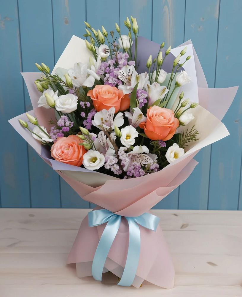 Букет цветов из: Лизиантусы, Розы, Альстромерии и Гипсофила в Усмани